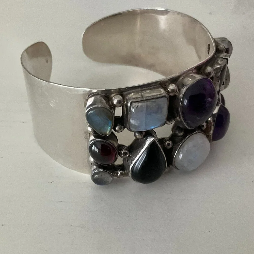 925 sterling silver cuff bracelet with 12 semi-precious stones